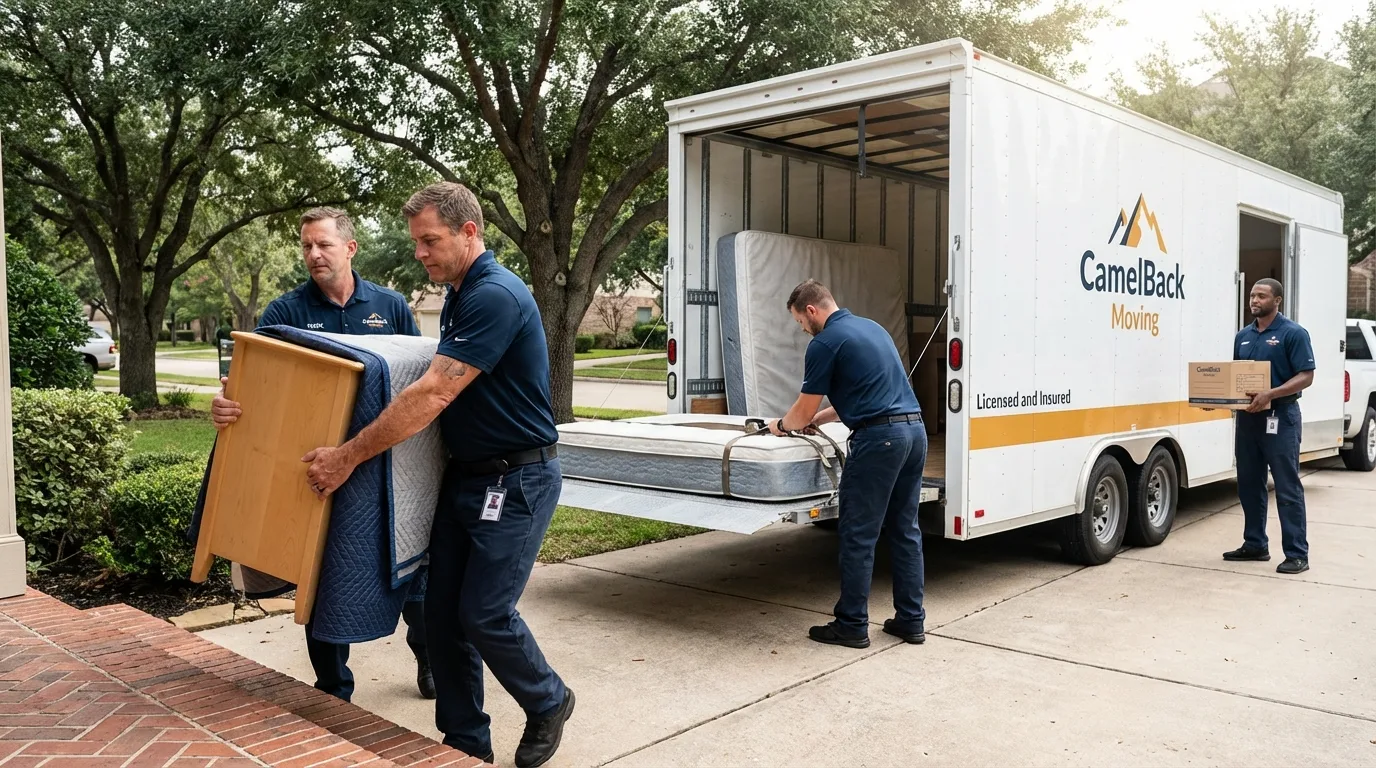 Crew loading residential truck for cross-state move from Bluffton, IN