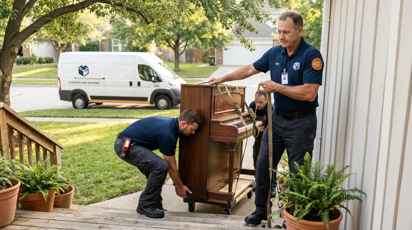 Licensed piano movers securing grand piano in Bluffton, IN