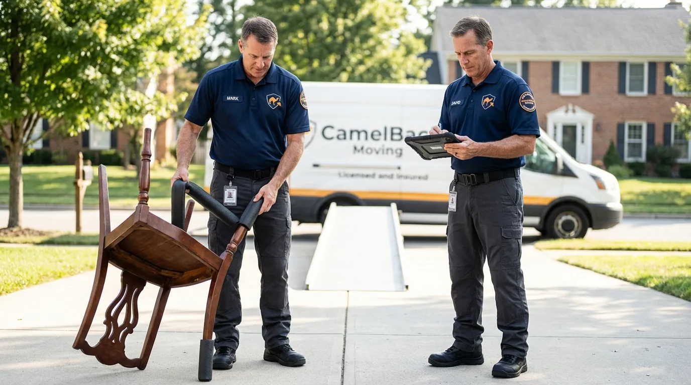 Movers inspecting furniture for damage prevention before loading in Bluffton, IN