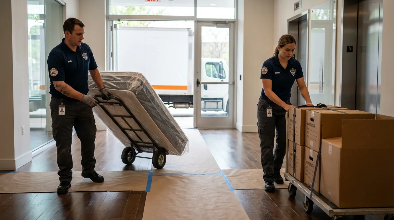 Professional apartment movers loading elevator in Bluffton, IN